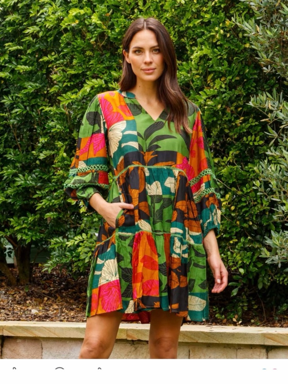 Lula soul Vibrant Patchwork Floral Dress in Green,Pink & Brown small long sleeve